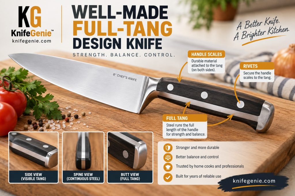 Well-Made Full-Tang Chef’s Knife Well-made full-tang chef's knife showing steel through the handle