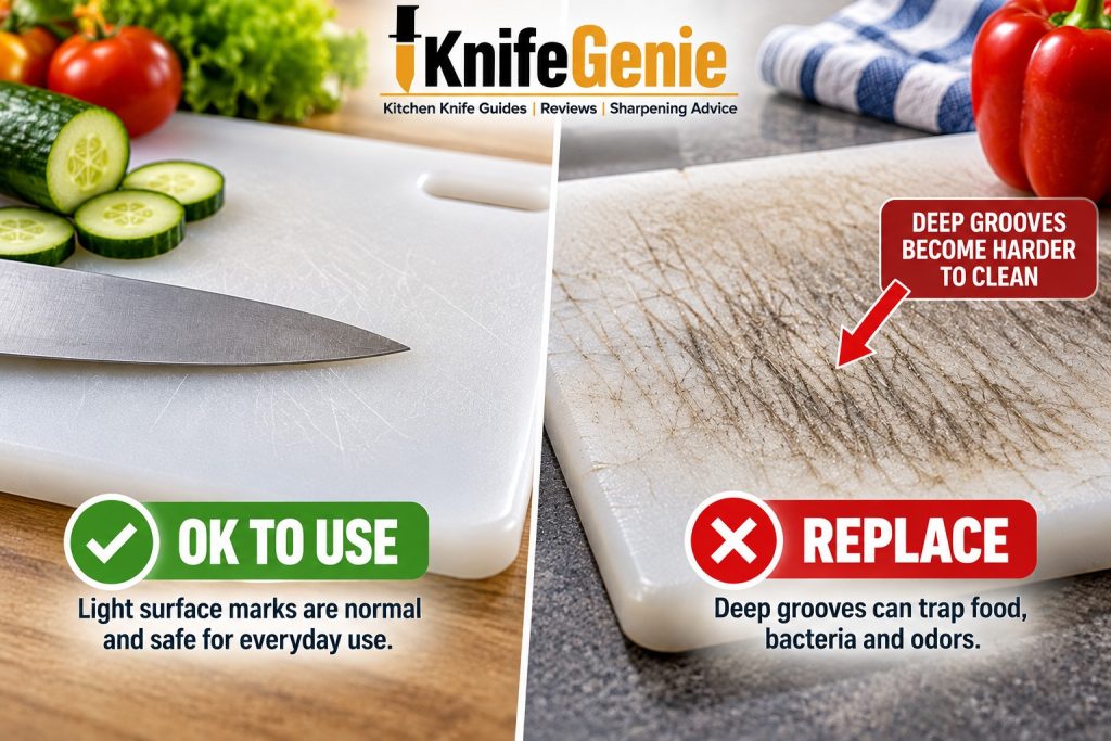 Worn plastic cutting board with deep knife grooves