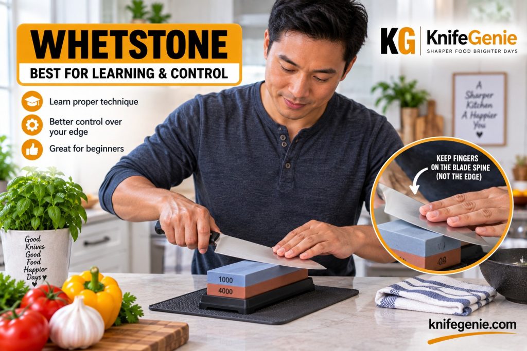 Whetstone Sharpening for Beginners Beginner learning to sharpen kitchen knife with whetstone
