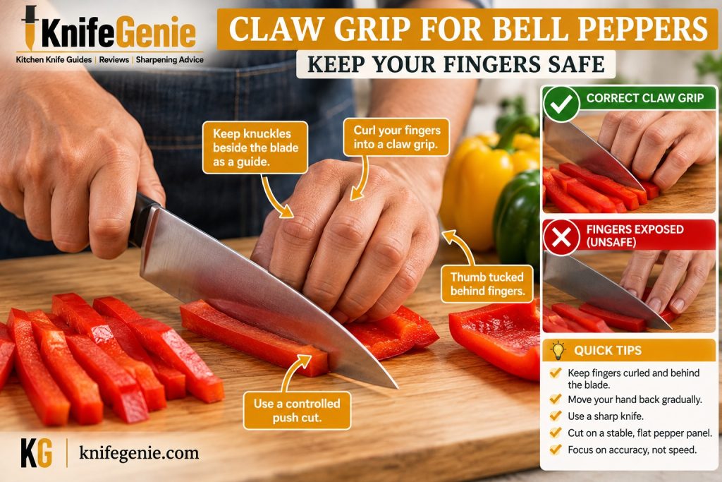 Correct claw grip with curled guiding fingers while slicing a flat bell pepper panel using a chef knife