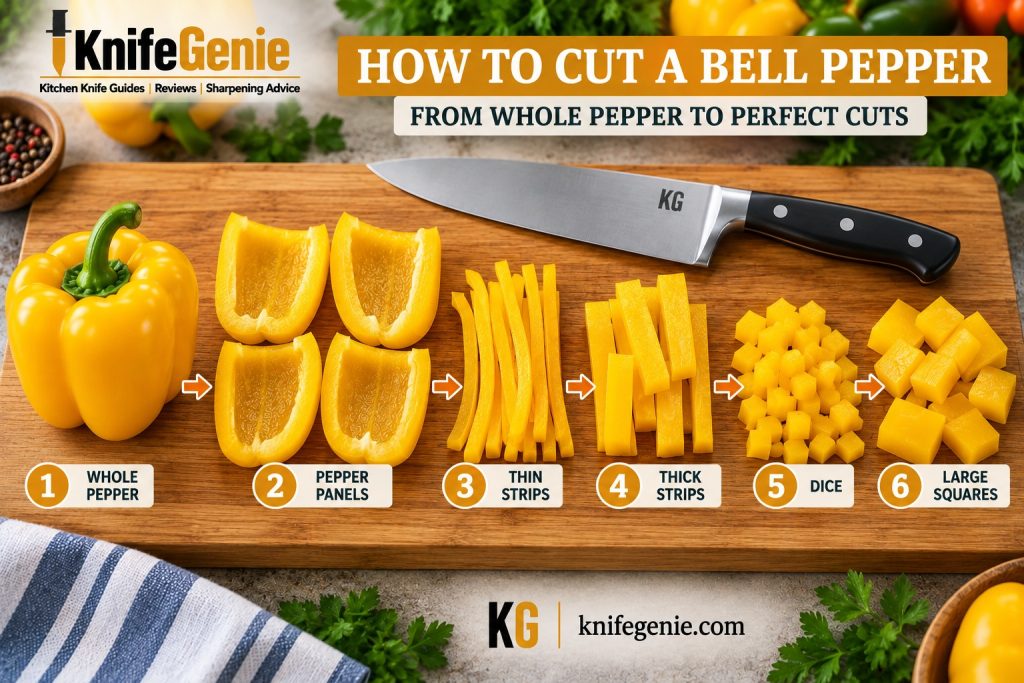 Whole bell pepper, flat panels, strips, and dice arranged beside a chef knife