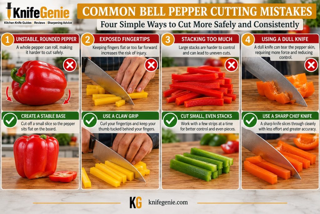 Four common bell pepper cutting mistakes with safer corrections for each technique