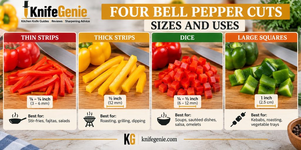 Four bell pepper cutting styles showing thin strips, thick strips, small dice, and large squares