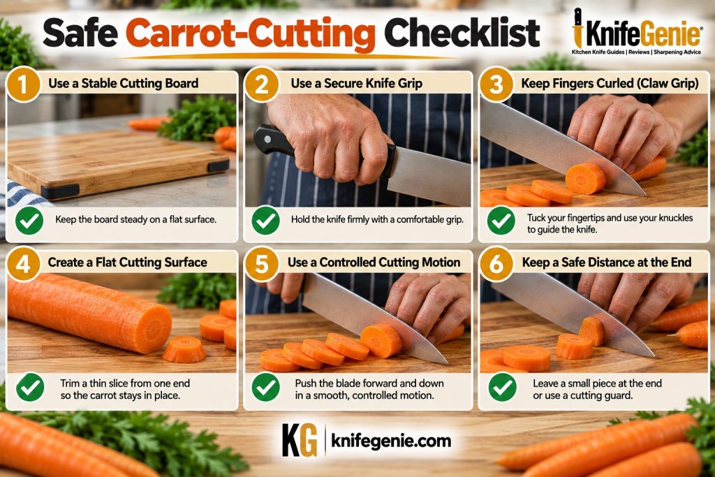 Carrot cutting checklist showing stable board, safe grip, and controlled knife movement.