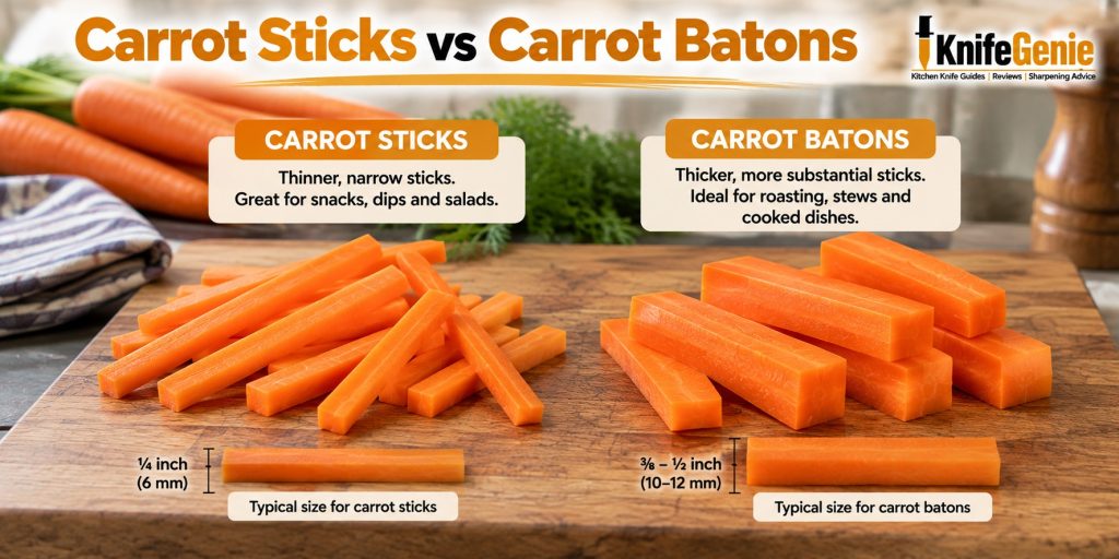 Side-by-side comparison of thin carrot sticks and thicker carrot batons.
