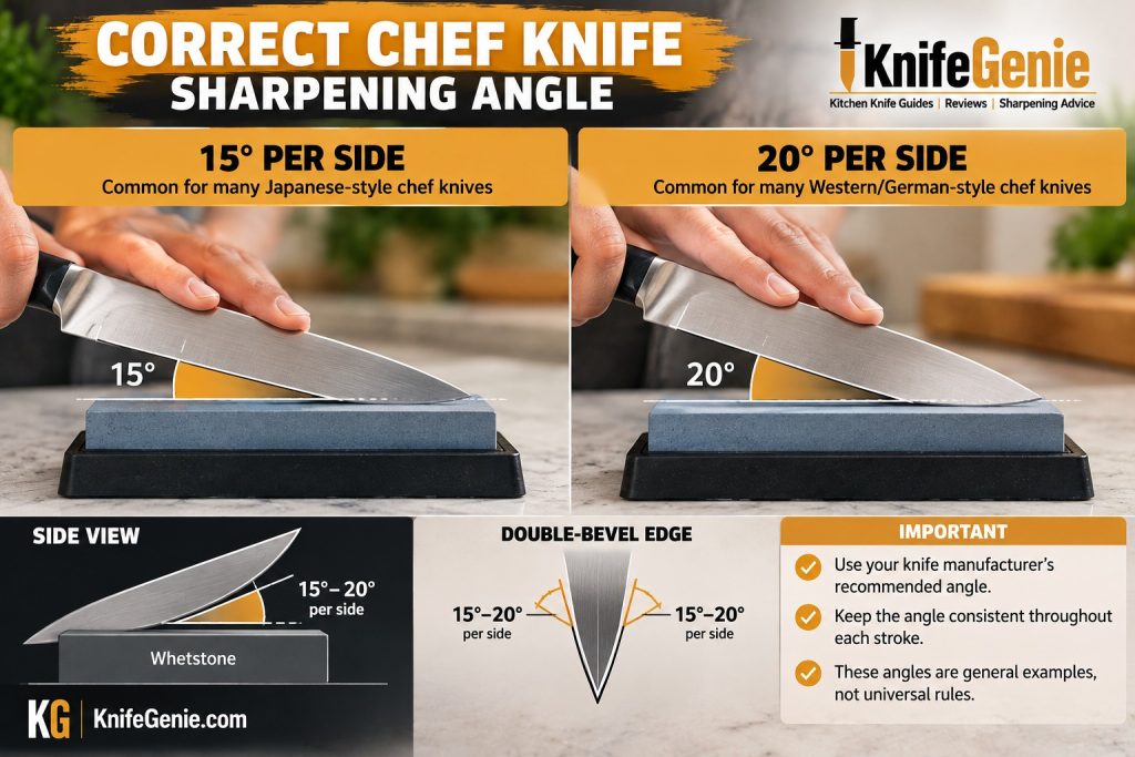 Side-view diagram illustrating the angle between a chef knife bevel and whetstone.