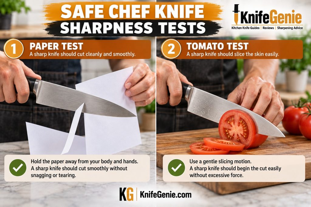 Chef knife safely cutting paper and slicing a tomato to check edge performance.