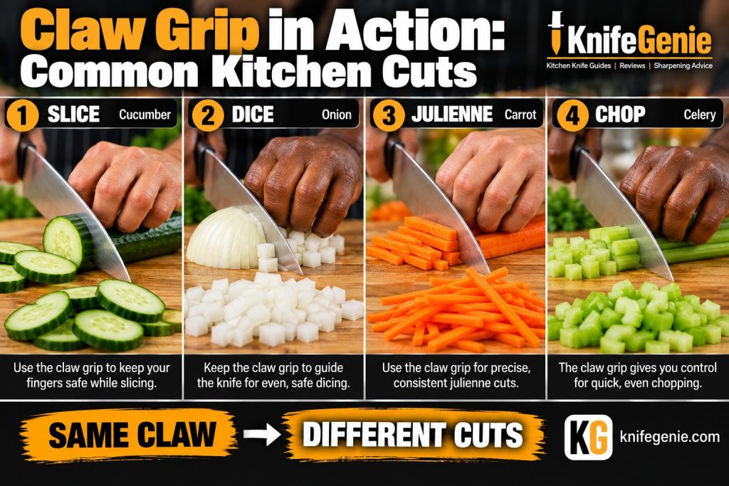 Claw grip used to slice cucumber, dice onion, julienne carrot and chop celery