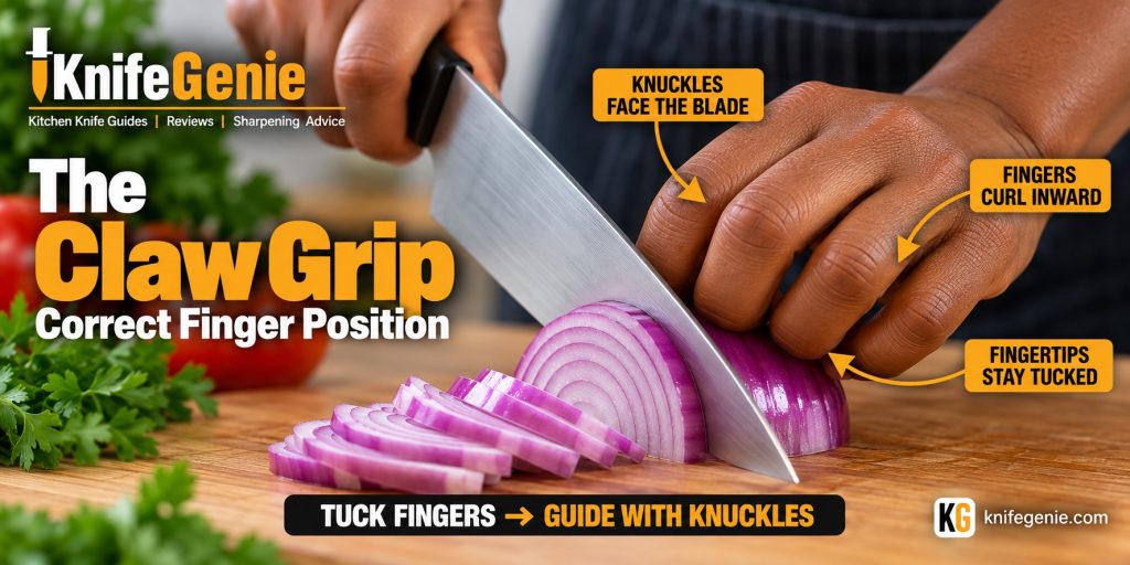 Claw grip finger position beside a chef knife while cutting an onion
