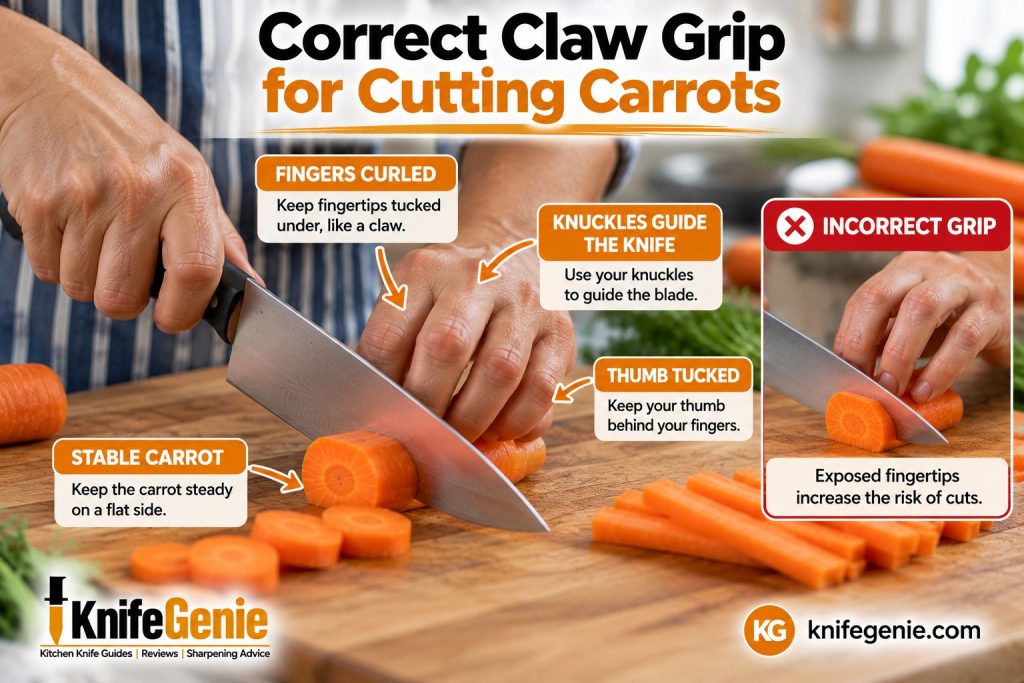Safe claw grip with curled fingertips and tucked thumb while cutting a carrot.