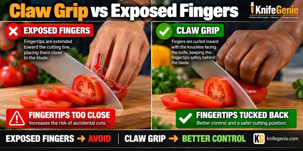 Claw grip compared with exposed fingertips while using a chef knife