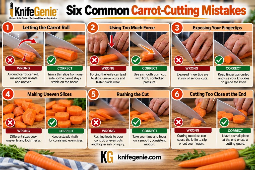 Six common carrot cutting mistakes and their safer corrections.
