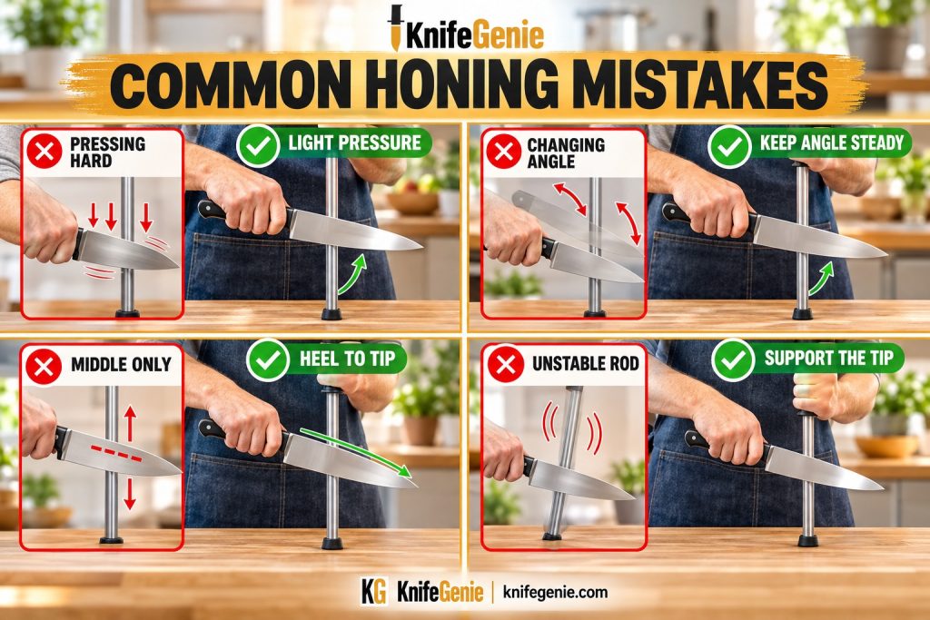 Four-panel graphic comparing excessive pressure, changing angles, partial strokes and an unstable rod with better honing habits.