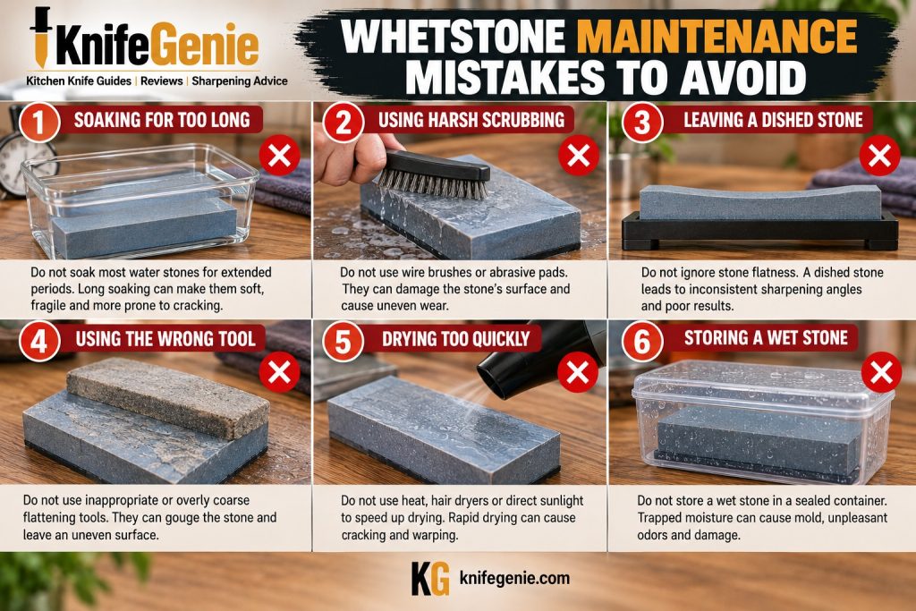 Six common whetstone maintenance mistakes including over-soaking and improper flattening.