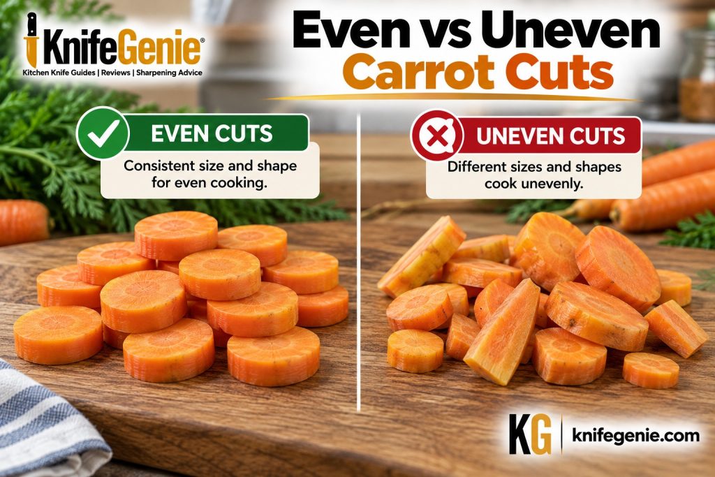 Comparison of consistently sized carrot pieces and uneven carrot pieces.
