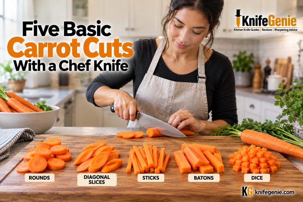 Five carrot cutting styles: rounds, diagonal slices, sticks, batons, and dice.