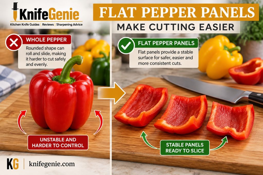 Comparison of a rounded whole bell pepper and stable flat pepper panels ready for slicing