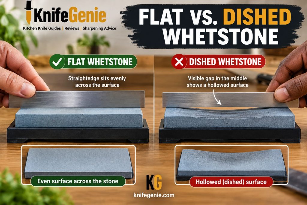 Comparison of a flat whetstone and a dished sharpening stone with a hollow center.