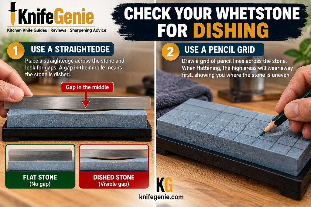 Straightedge and pencil grid methods for checking whether a whetstone is flat.