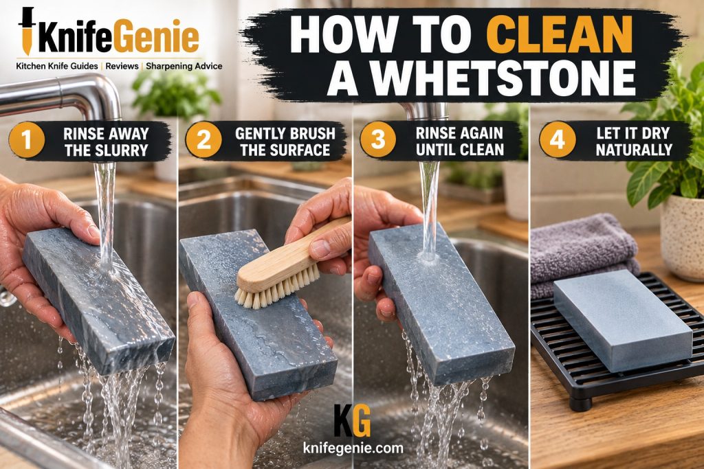 Four steps showing how to rinse, brush, clean, and dry a water whetstone.
