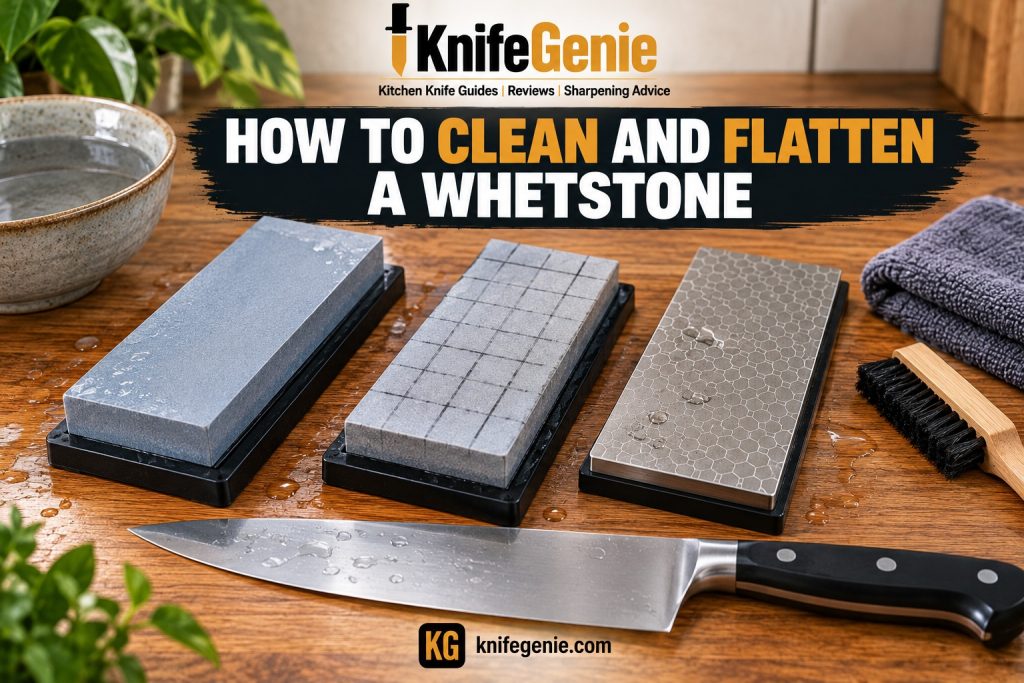 Clean water whetstone, diamond flattening plate, pencil grid, and kitchen chef knife.
