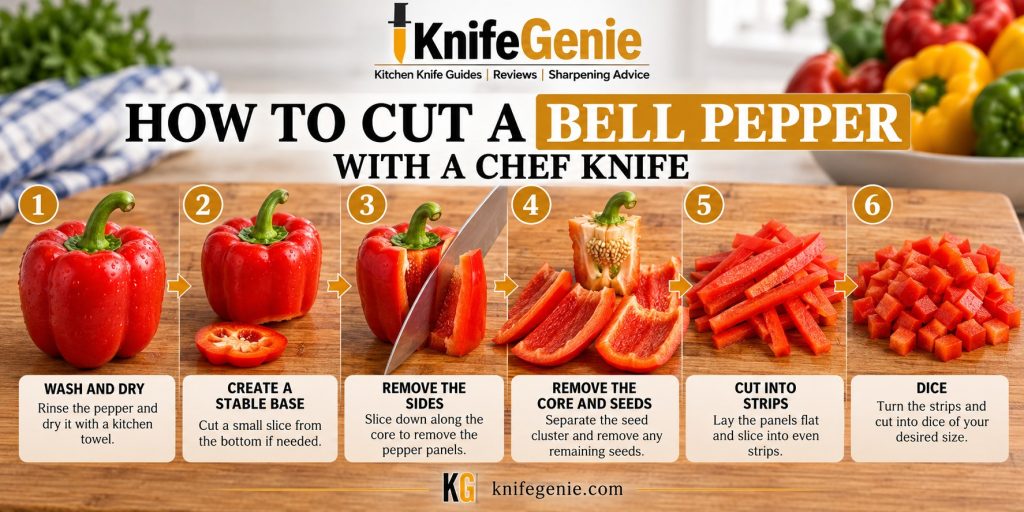 Chef knife cutting a red bell pepper into flat panels, strips, and dice on a wooden cutting board