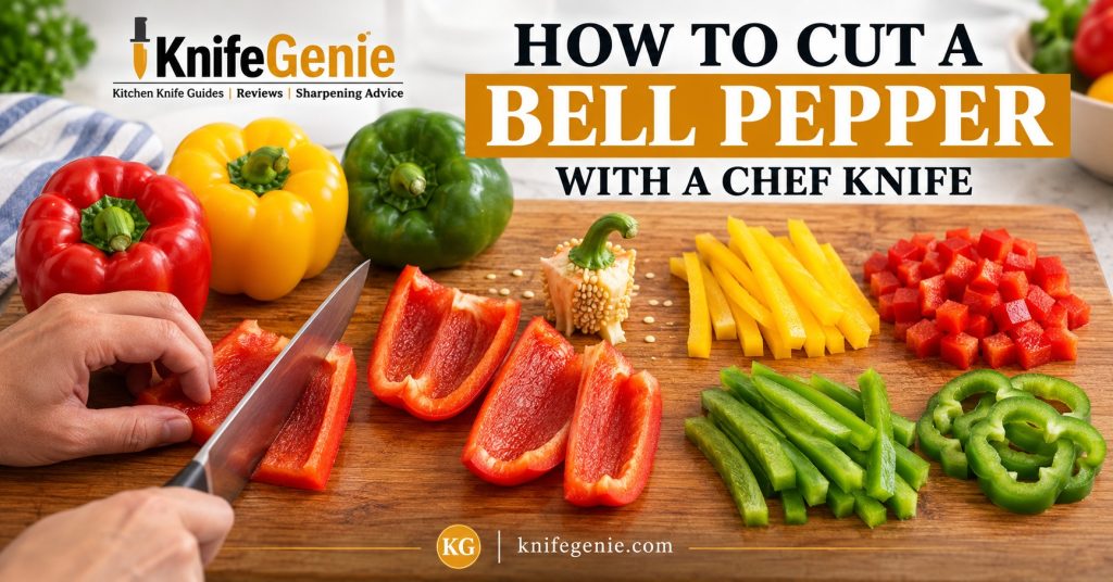Chef knife cutting a red bell pepper into flat panels, strips, and dice on a modern wooden cutting board