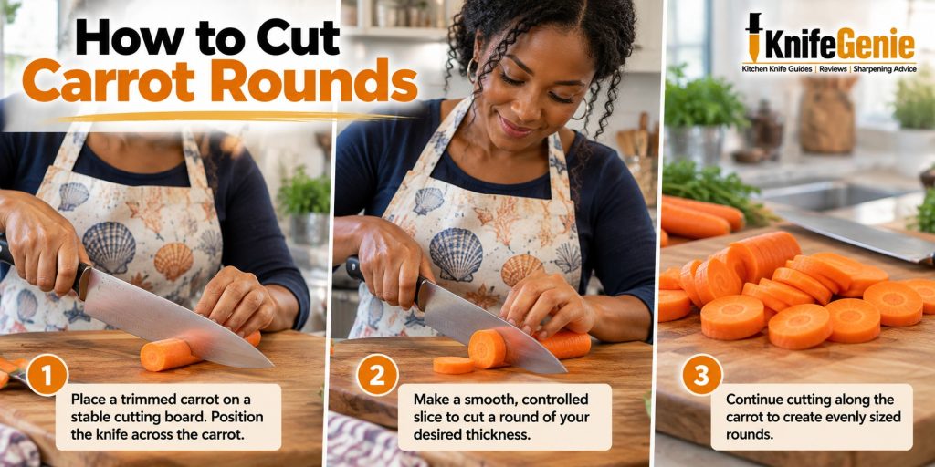 Chef knife cutting a carrot crosswise into even circular rounds.