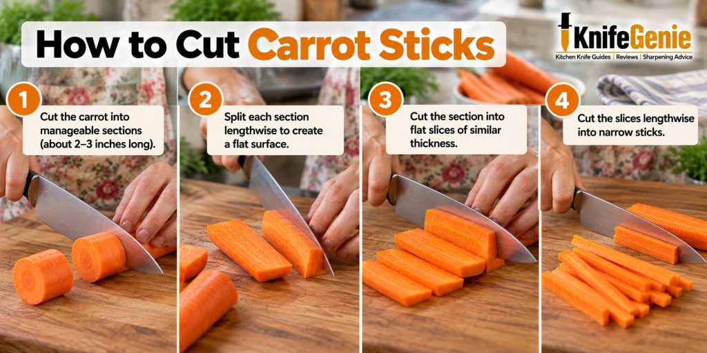 Steps for cutting a carrot into lengthwise slices and narrow sticks.