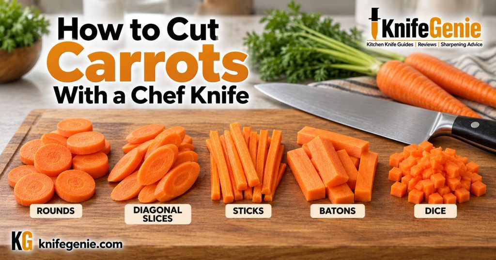 How to cut carrots with a chef knife into rounds, diagonal slices, sticks, batons, and dice.