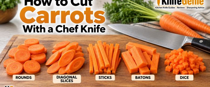 How to cut carrots with a chef knife into rounds, diagonal slices, sticks, batons, and dice.