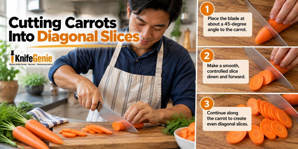 Chef knife cutting a carrot at an angle to make diagonal oval slices.
