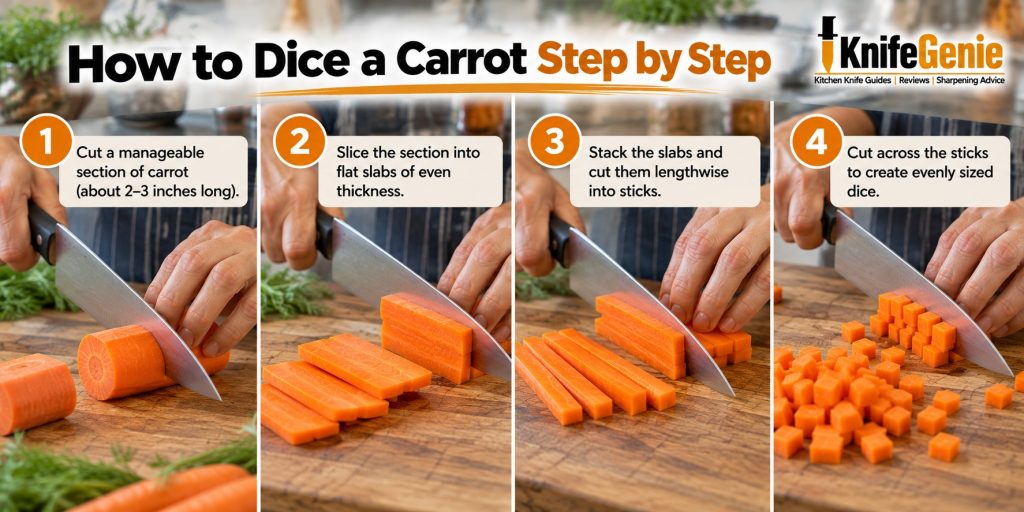 Four steps for cutting carrots into slabs, sticks, and small dice.