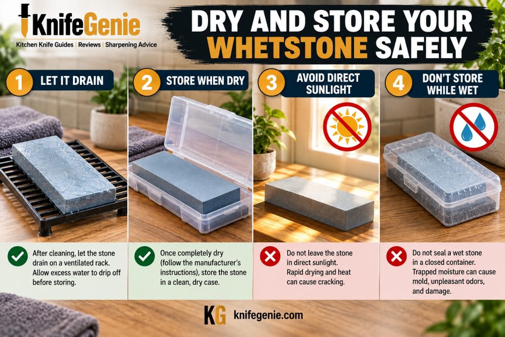 Proper whetstone drying and storage methods with warnings against rapid drying.