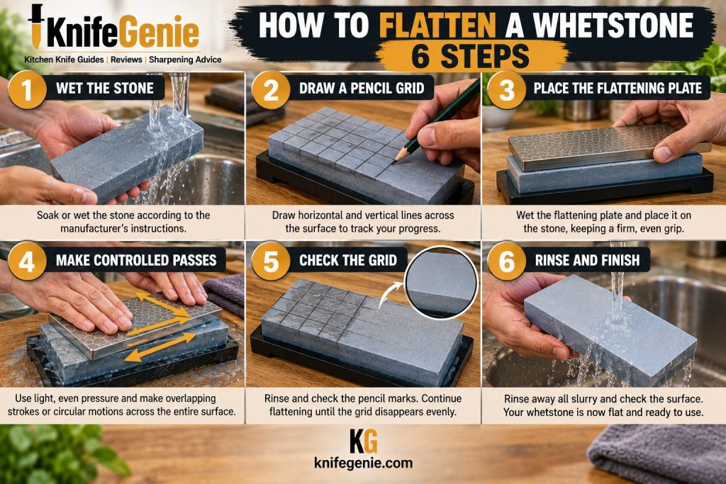 Six-step demonstration of flattening a water stone using a diamond plate and pencil grid.