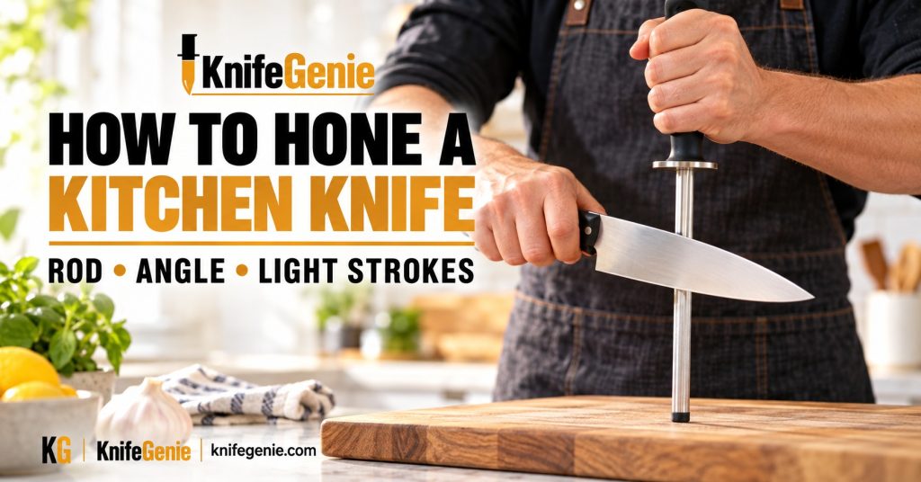 How to Hone a Kitchen Knife Cook shows how to hone a kitchen knife with a rod supported vertically on a wooden cutting board.