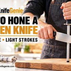 Cook honing a chef knife with a rod supported vertically on a wooden cutting board.