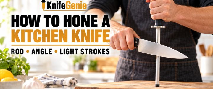How to Hone a Kitchen Knife Cook honing a chef knife with a rod supported vertically on a wooden cutting board.