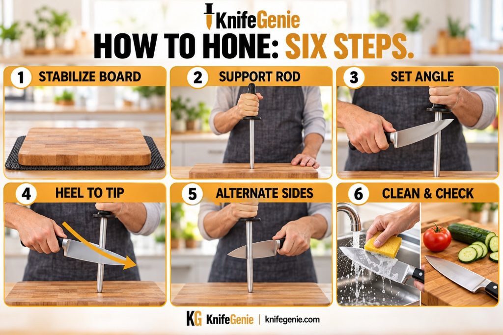 Six-step honing sequence showing a stable board, supported rod, correct angle, heel-to-tip stroke, alternating sides and cleaning.