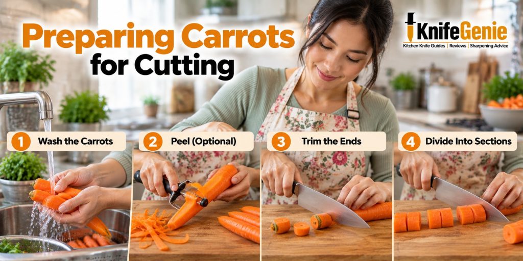 Four steps for washing, peeling, trimming, and sectioning carrots.