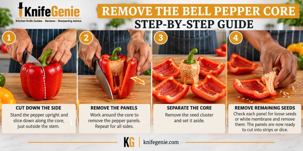 Chef knife removing the sides of a bell pepper around the central core and seeds