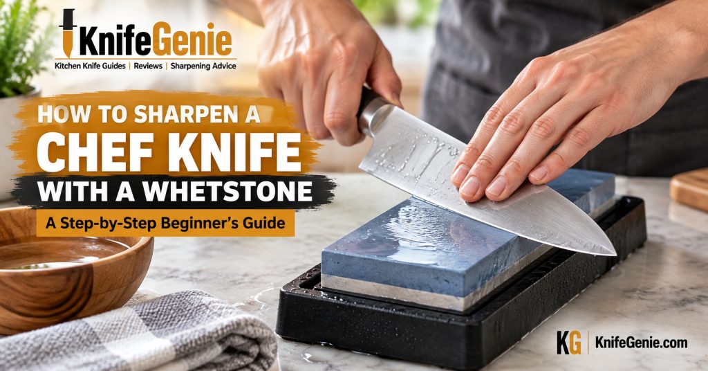 Hands sharpening a chef knife with a whetstone on a secure non-slip base.