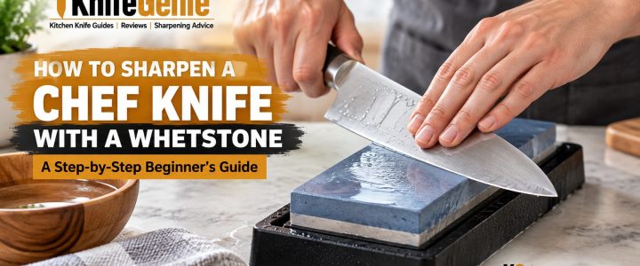 Hands sharpening a chef knife with a whetstone on a secure non-slip base.