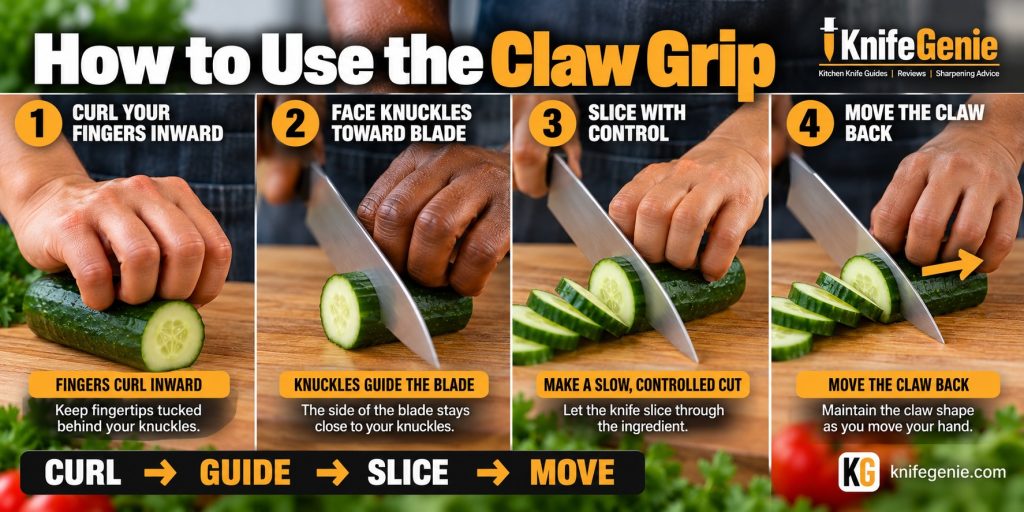 Four steps showing how to use the claw grip with a chef knife