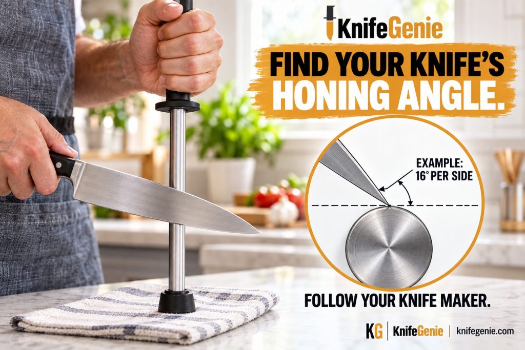 Diagram showing the per-side angle between a knife blade and the contacting surface of a honing rod.