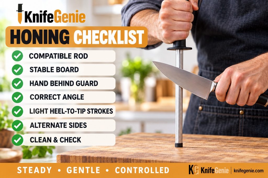 Honing checklist covering rod compatibility, stable support, correct angle, light strokes, alternating sides and cleaning.