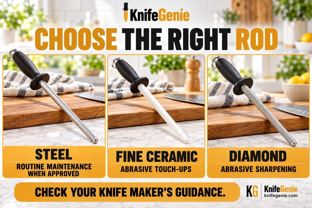 Steel, ceramic and diamond-coated rods compared for kitchen knife maintenance.