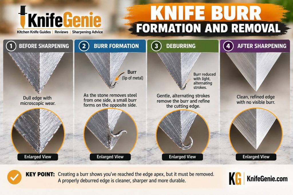 Cross-section diagram of a knife edge showing burr formation and a clean deburred edge.