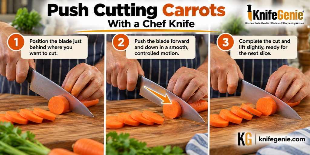 Chef knife moving forward and downward through a carrot in a controlled push cut.