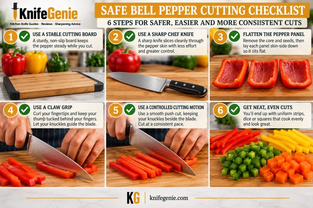 Bell pepper cutting safety checklist showing a stable board, sharp knife, flat panels, and claw grip